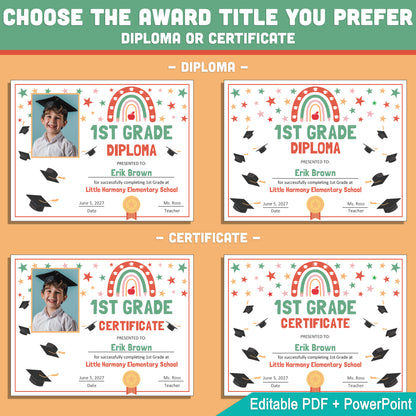 Editable 1st Grade Graduation Diploma & Certificate Set, Retro Rainbow Stars Theme, Printable Awards, Photo or No-Photo Options, PDF, PowerPoint