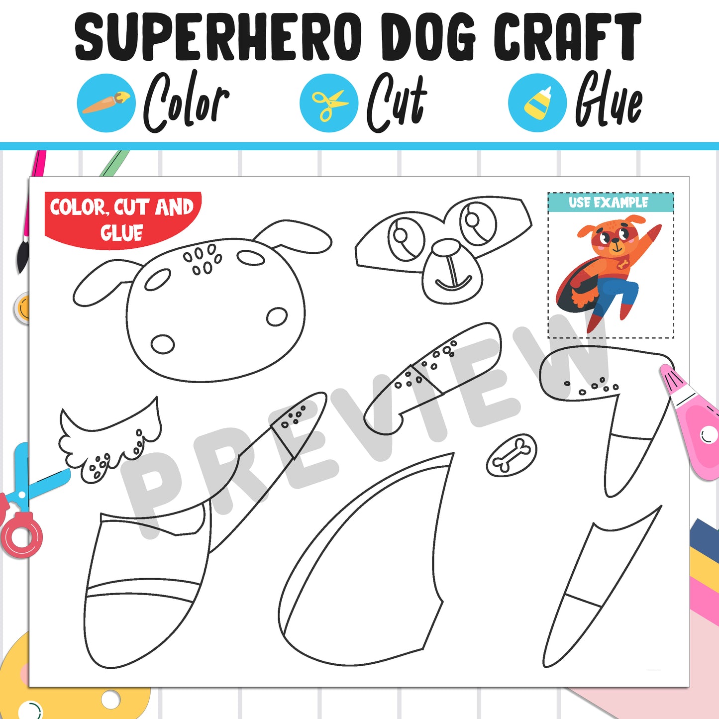 Superhero Dog Craft : Color, Cut, and Glue, a Fun Activity for Pre K to 2nd Grade, PDF Instant Download