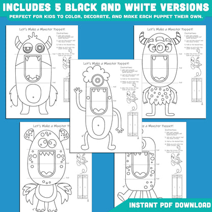 DIY Monster Paper Puppet Craft for Kids: 5 Pre-Colored + 5 Black and White Pages, Fun Halloween Craft for Classrooms, Parties & Home, Instant PDF