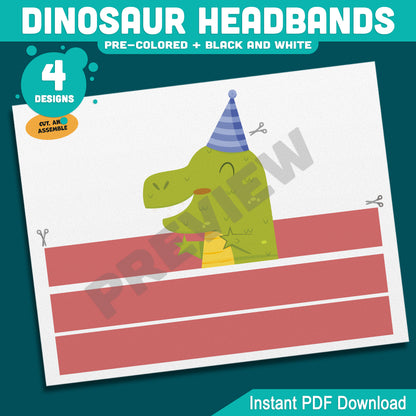 Dinosaur Birthday Headbands, Printable Paper Crowns, Color Your Own Party Hats, Wearable Dinosaur Craft, 4 Designs, US Letter, A4