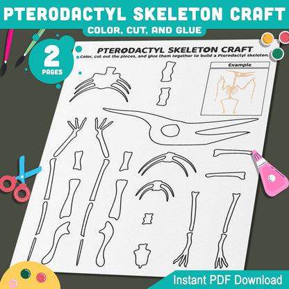 Pterodactyl Skeleton Craft, Dinosaur Color, Cut and Paste Activity, Printable PDF, Pre-Colored, Black and White, US Letter, A4