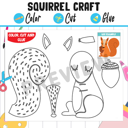 Cute Squirrel Craft Activity: Color, Cut, and Glue, Fun for PreK to 2nd Grade, PDF Instant Download