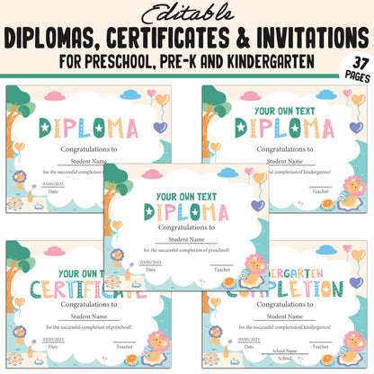 Editable Kindergarten, PreK, Preschool Diplomas, Certificates & Invitations – 37 Customizable PDF Pages, Instant Download