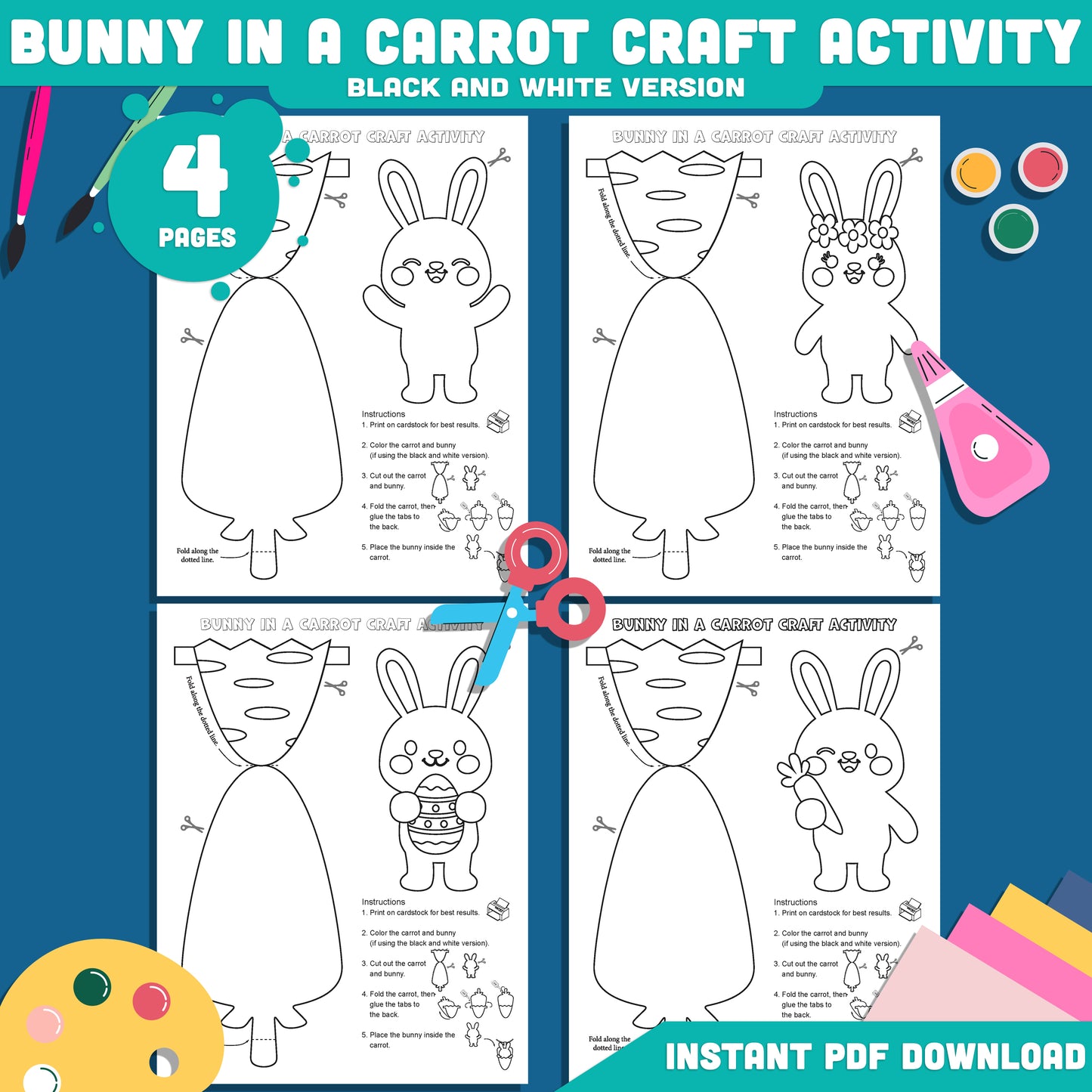 Bunny in a Carrot Craft Activity Printable, Spring Easter Bunny Hatching Craft Template, Cut and Paste Bunny Craft, 4 Designs, 300 DPI PDF