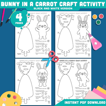Bunny in a Carrot Craft Activity Printable, Spring Easter Bunny Hatching Craft Template, Cut and Paste Bunny Craft, 4 Designs, 300 DPI PDF