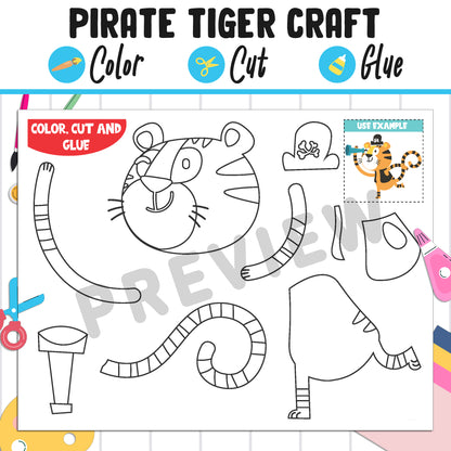 Pirate Tiger Craft for Kids: Color, Cut, and Glue, a Fun Activity for Pre K to 2nd Grade, PDF Instant Download