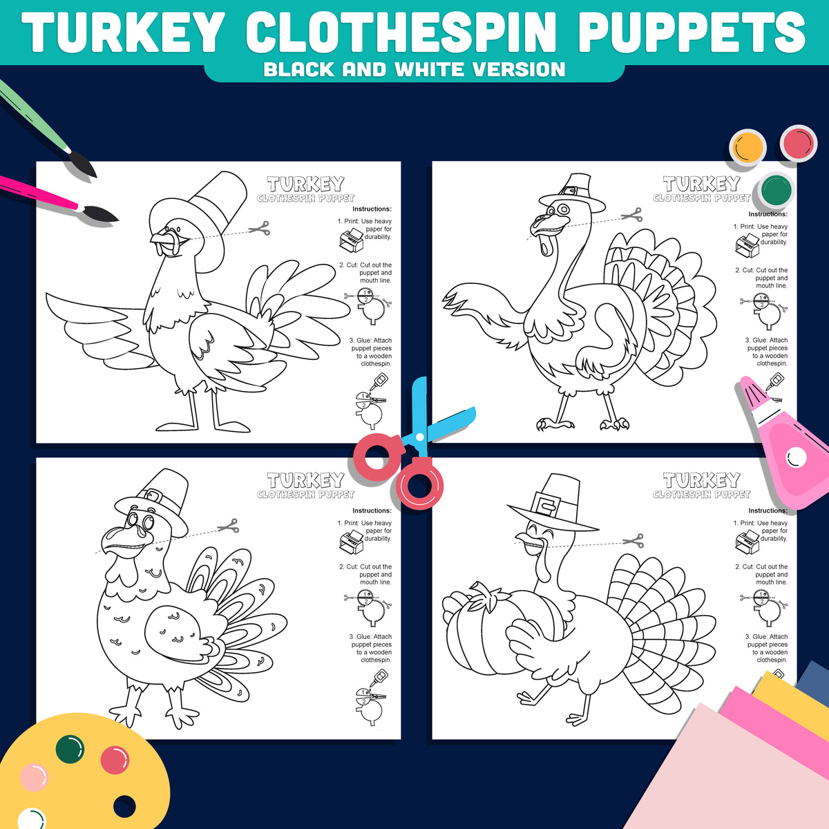 Thanksgiving Turkey Puppet Craft, Printable Clothespin Activity
