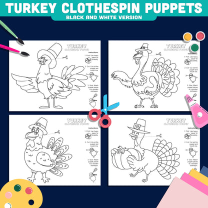Thanksgiving Turkey Puppet Craft, Printable Clothespin Activity