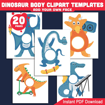Dinosaur Body Clipart Templates: Add Your Photo Face for a Fun Dino-Themed Craft, 20 Printable Cutouts for Kids’ DIY Art Activity, PDF Instant Download