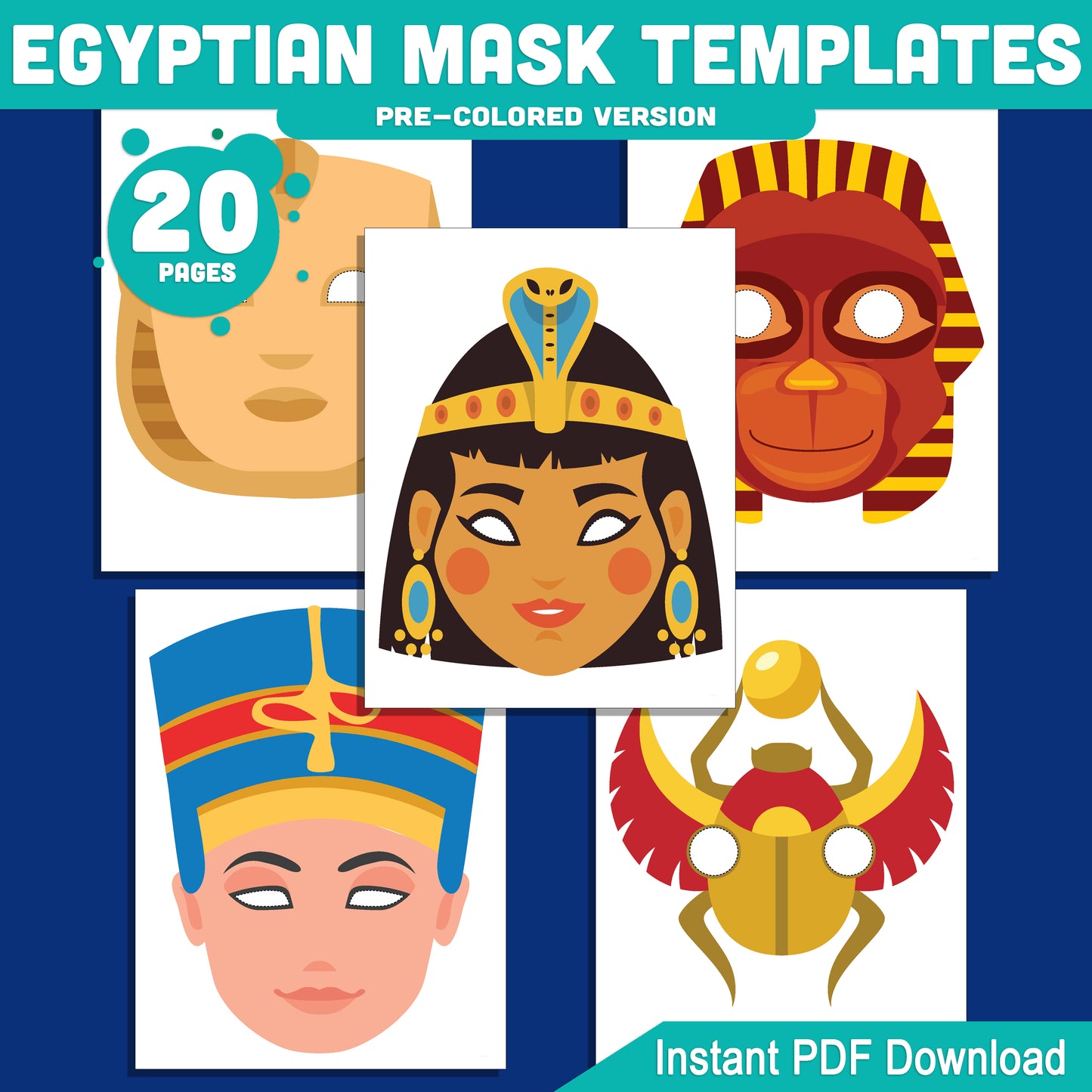 Egyptian Mask Templates for Kids: Printable Pharaoh, Anubis, Cleopatra & More Masks, Pre-Colored & Black and White, Fun PDF Craft Activity
