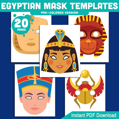 Egyptian Mask Templates for Kids: Printable Pharaoh, Anubis, Cleopatra & More Masks, Pre-Colored & Black and White, Fun PDF Craft Activity