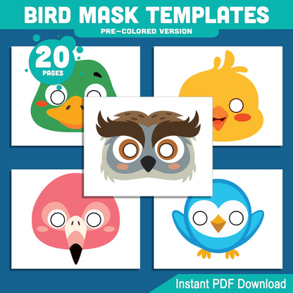 Bird Mask Templates for Kids: 20 Fun Printable Masks for Paper Craft & Pretend Play, Pre-Colored + Black & White, PDF Instant Download