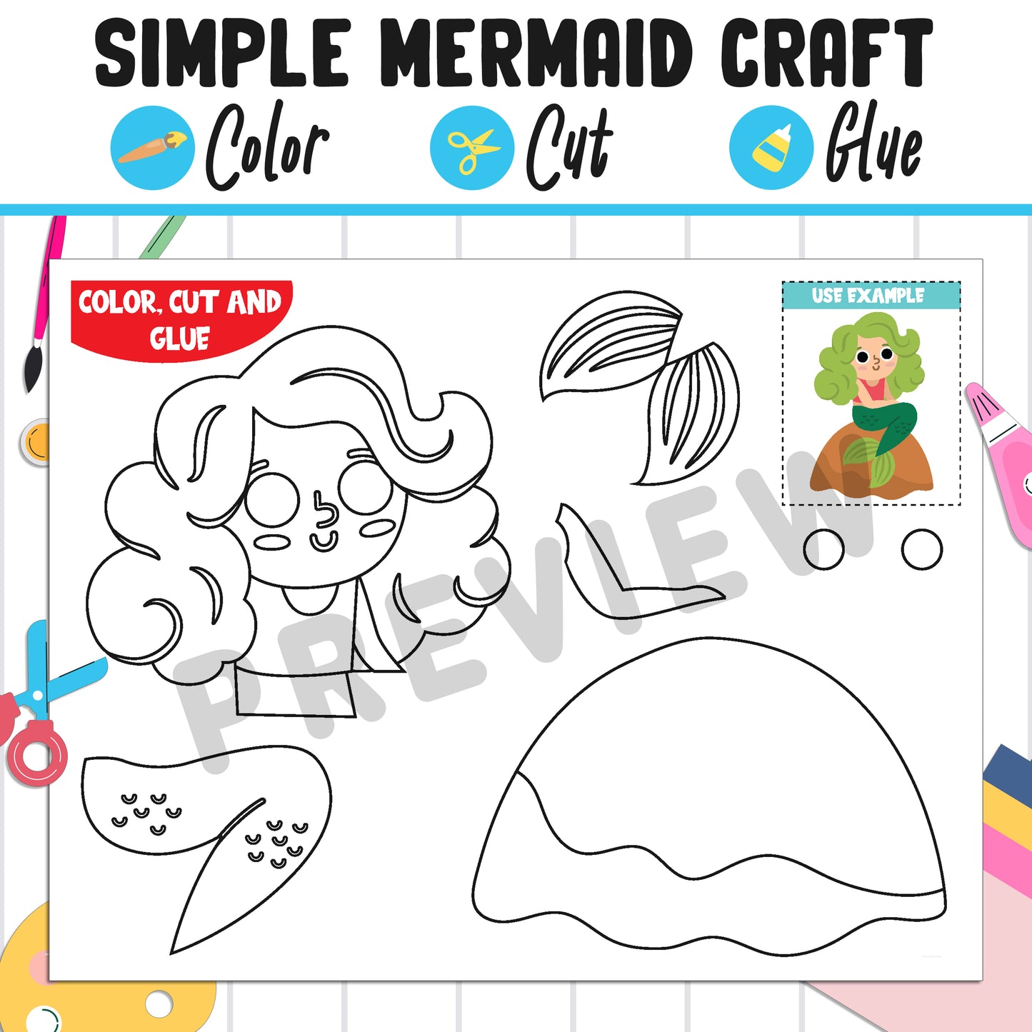 Simple Mermaid Craft for Kids: Color, Cut, and Glue, a Fun Activity for Pre K to 2nd Grade, PDF Instant Download