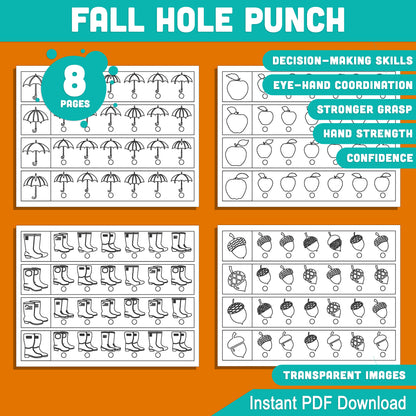 Fall-Themed Hole Punch Activity for Kids: 8 Printable Pages with 4 Strips Each, Ideal for Fine Motor Skills Practice, Fun and Engaging PDF Instant Download