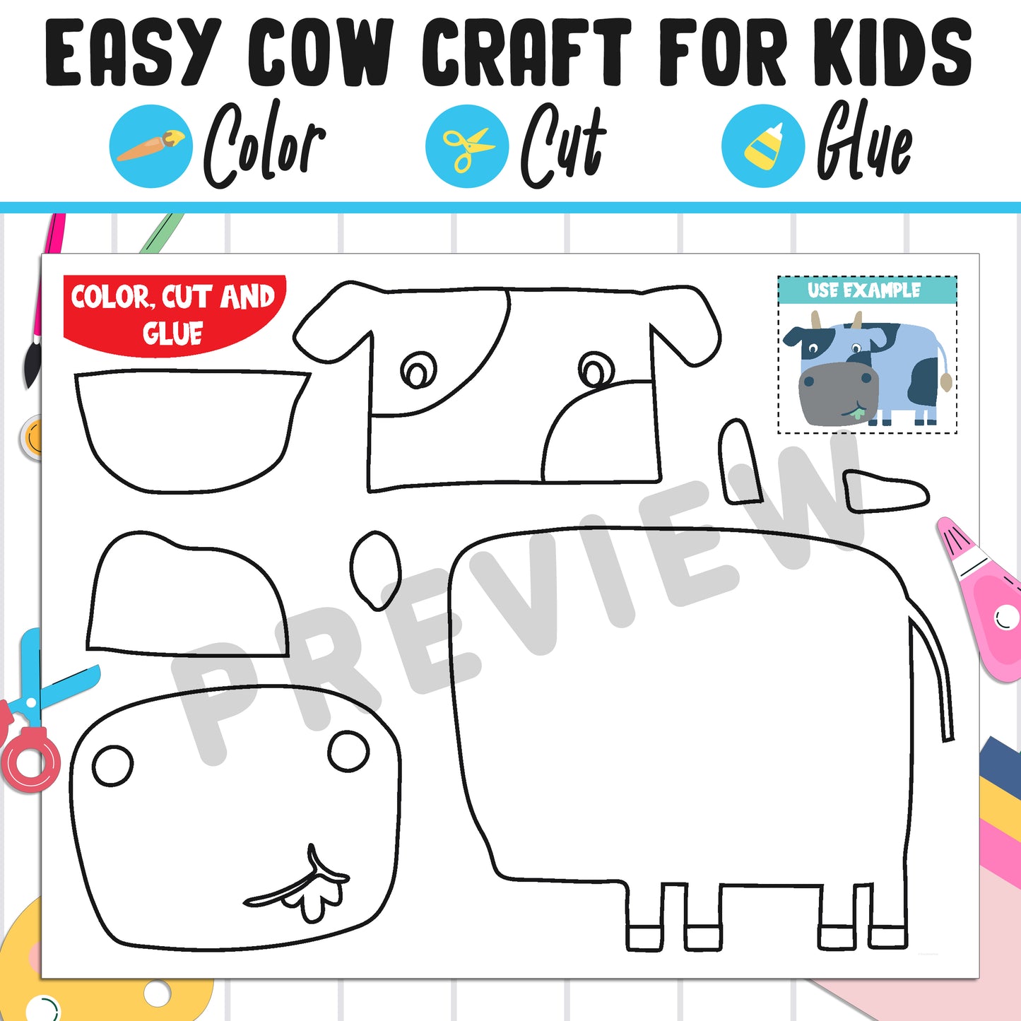 Easy Cow Craft for Kids : Color, Cut, and Glue, a Fun Activity for Pre K to 2nd Grade, PDF Instant Download