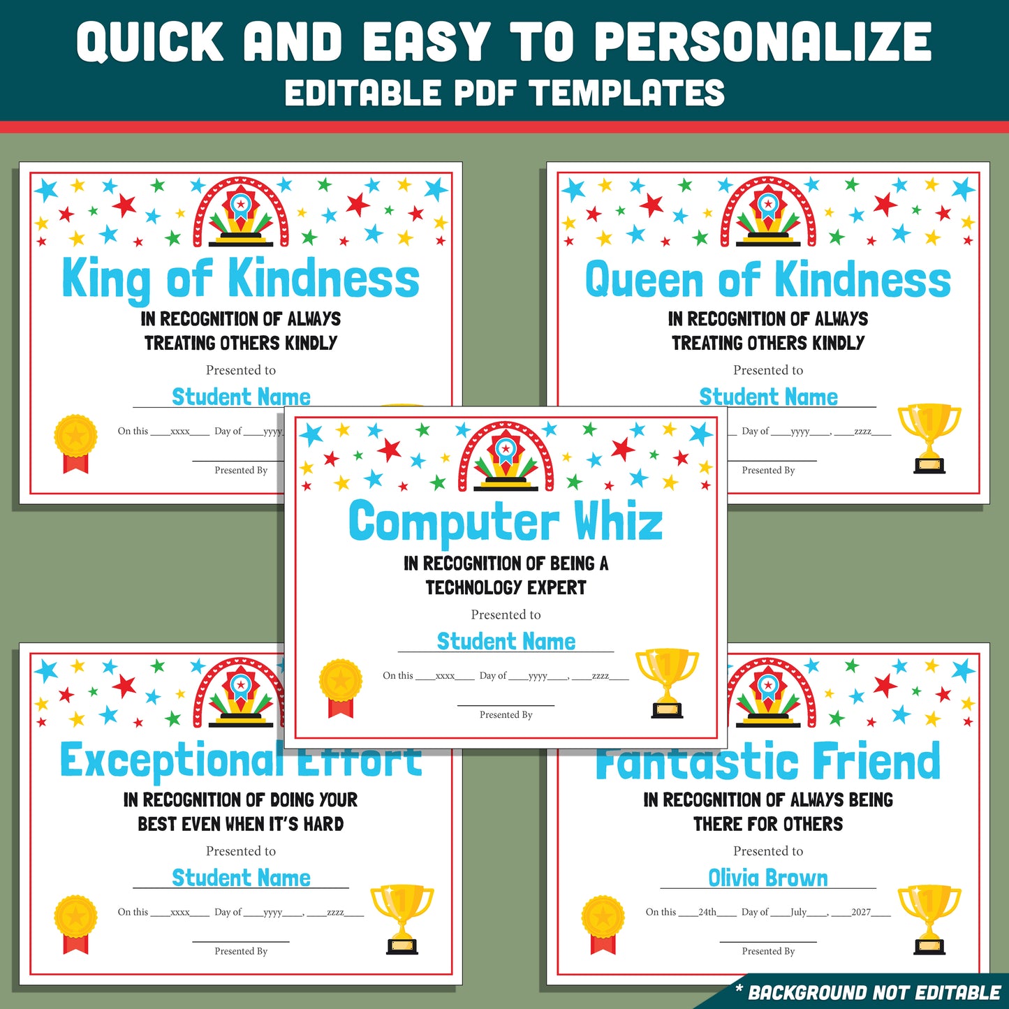 Classroom Superlatives End of Year, Printable Certificates Bundle, 26 Editable Designs, Student Recognition Pack, Lighthearted Classroom Awards