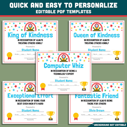 Classroom Superlatives End of Year, Printable Certificates Bundle, 26 Editable Designs, Student Recognition Pack, Lighthearted Classroom Awards