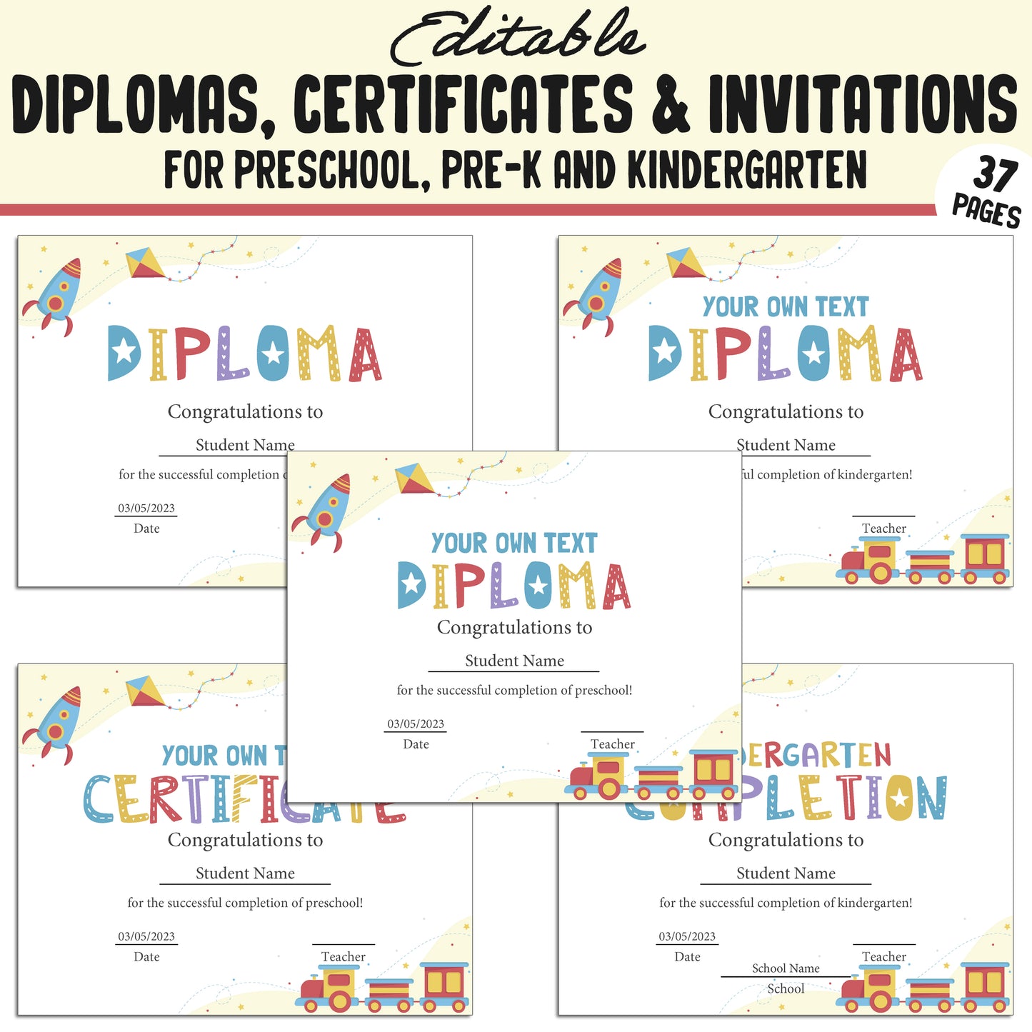 Kindergarten, Preschool, Pre K Certificates, Diplomas, End of the Year & Invitations, 37 Customizable PDF Pages, Instant Download