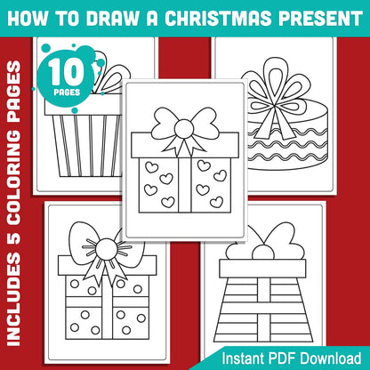 Step-by-Step How to Draw a Christmas Present for Kids: 5-Page Drawing Guide + 5 Holiday Coloring Pages for Festive Fun, Instant PDF Download