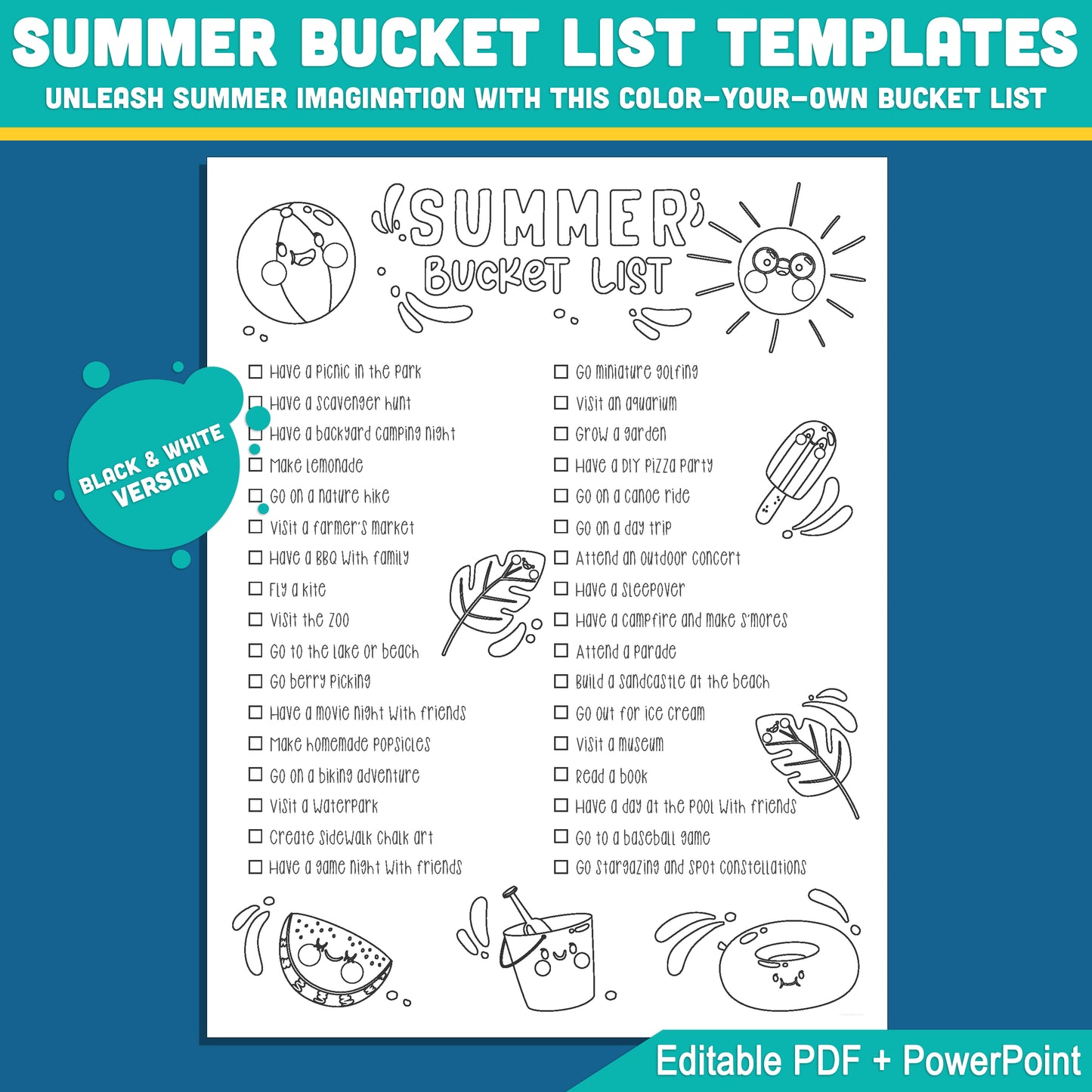 Printable Editable Summer Bucket List for Classroom: Kids' Activity Sheet in PDF & PowerPoint, Black & White and Color, Instant Download