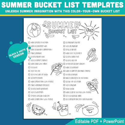 Printable Editable Summer Bucket List for Classroom: Kids' Activity Sheet in PDF & PowerPoint, Black & White and Color, Instant Download