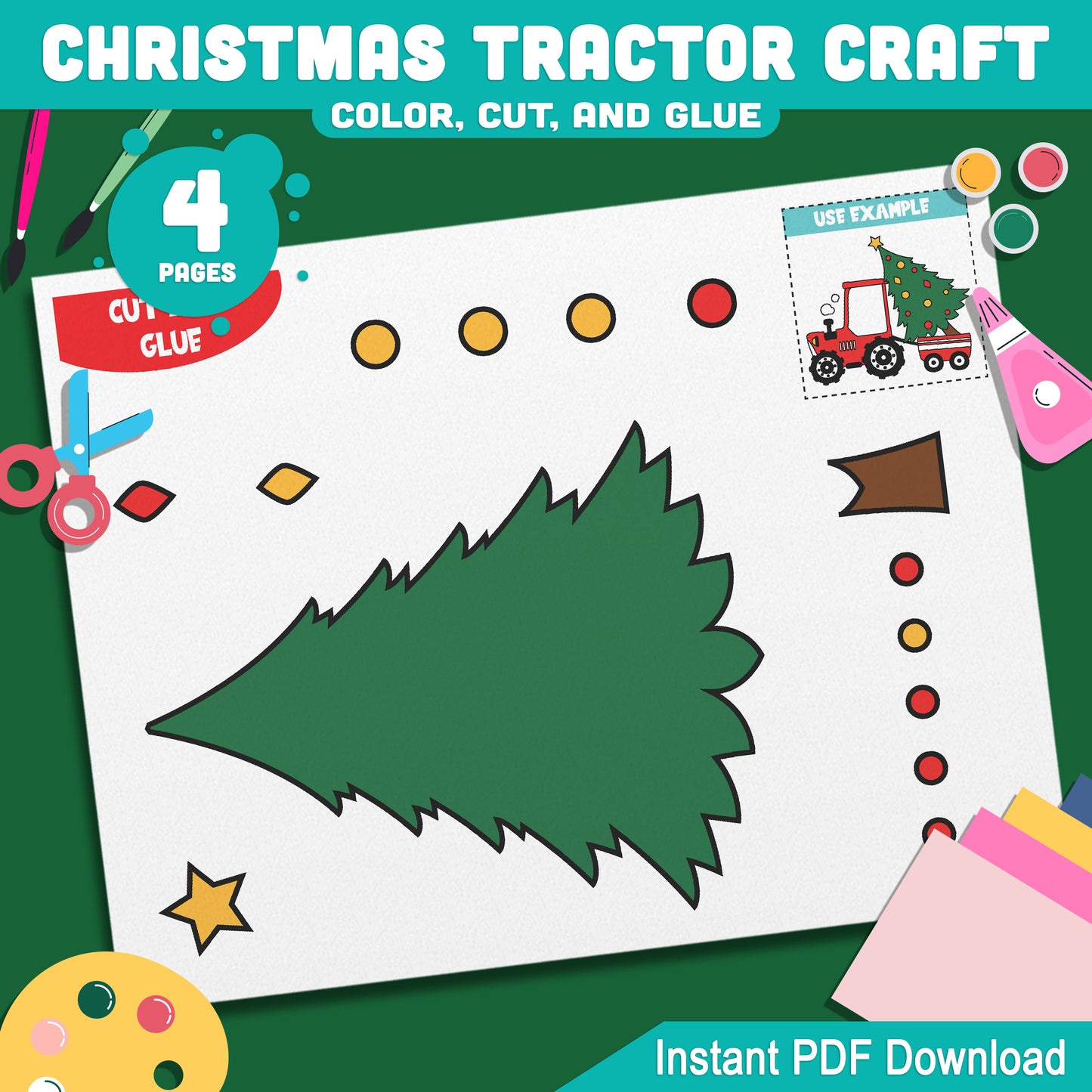 Creative Christmas Tractor with Tree Template: Kids' Holiday Craft Activity for Winter Bulletin Boards & Gifts, 4 Pages, Instant PDF Download.