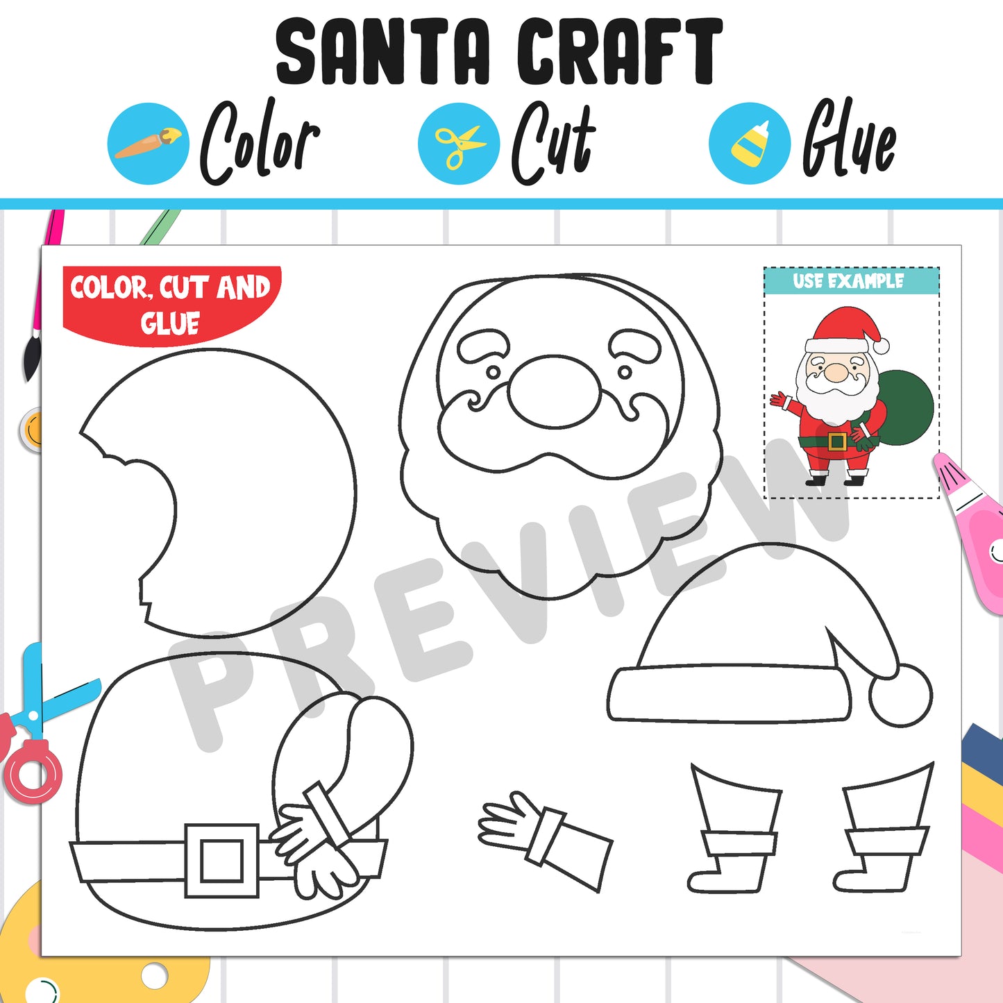 Santa Craft Template: Fun Christmas Activity for Kids, Color, Cut, and Glue, Pre K to 2nd Grade, PDF Instant Download