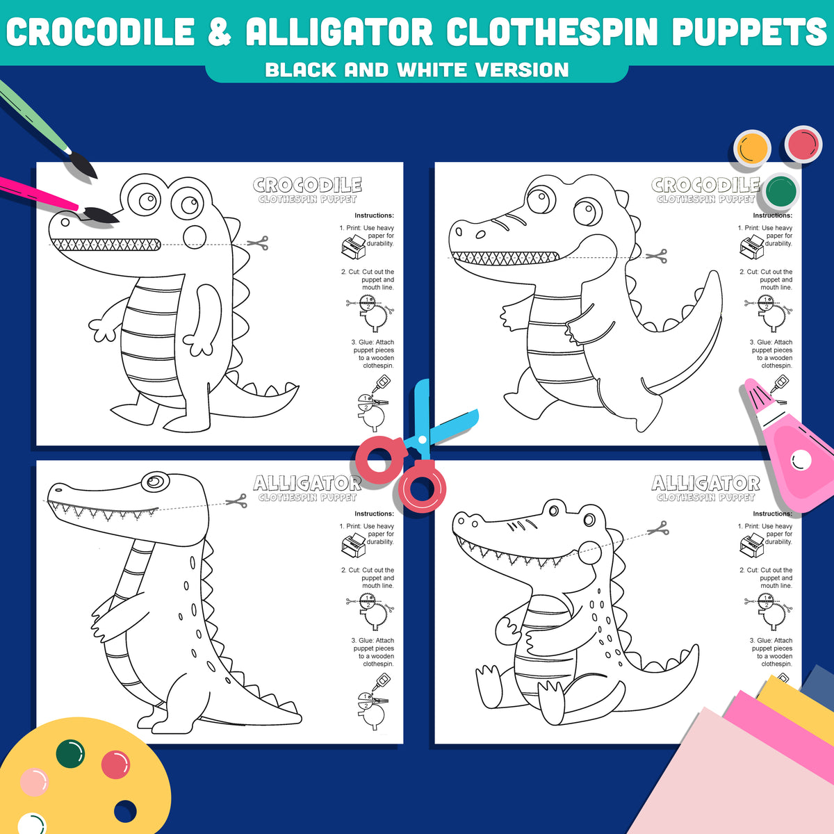 Crocodile and Alligator Clothespin Puppets, Printable Moving Mouth Animal Craft