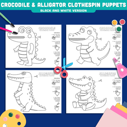 Crocodile and Alligator Clothespin Puppets, Printable Moving Mouth Animal Craft