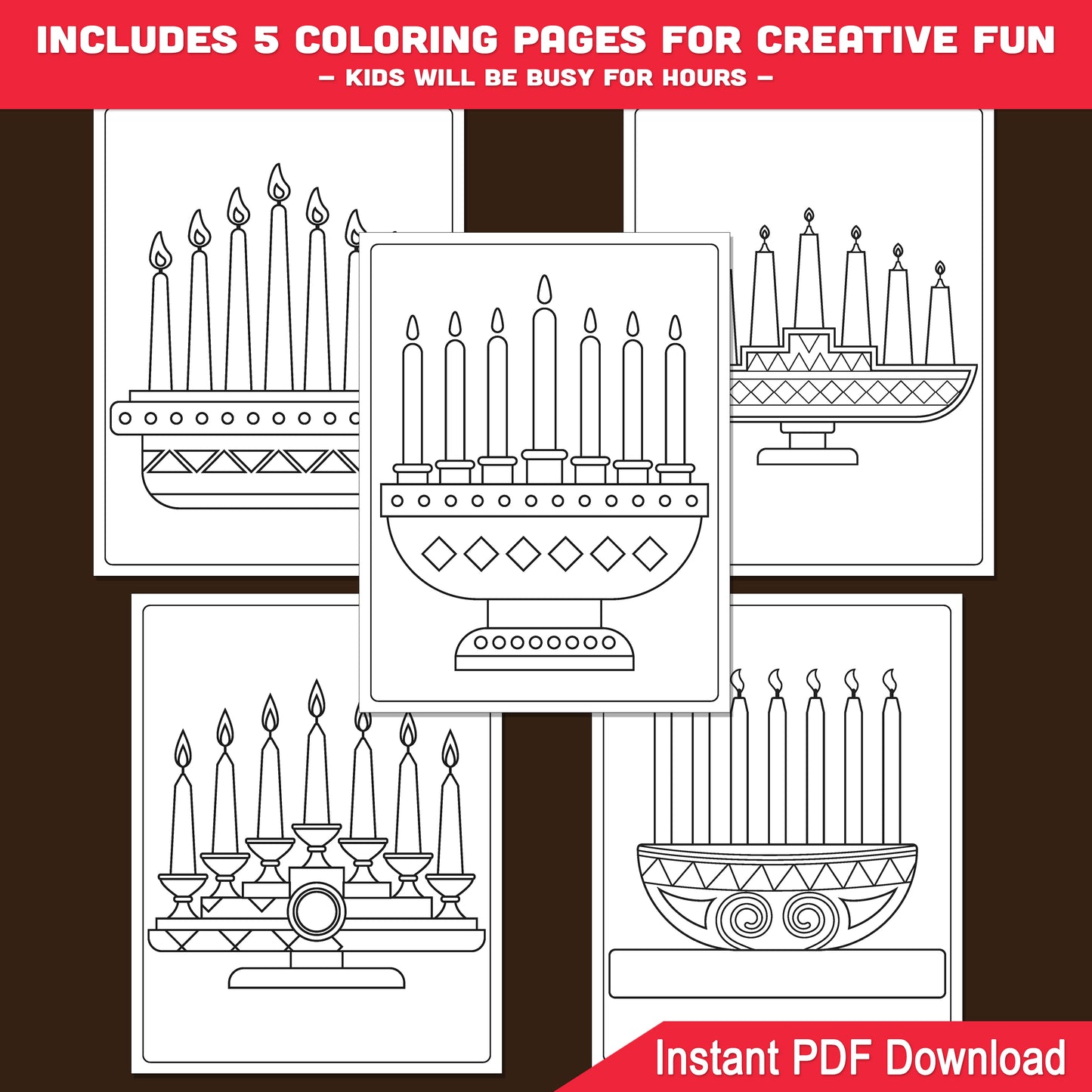 Kwanzaa Kinara Step-by-Step Drawing Guide: Learn How to Draw a Kwanzaa Kinara in 6 Easy Steps, 5 Pages Plus Coloring Sheets for Kids, Instant PDF