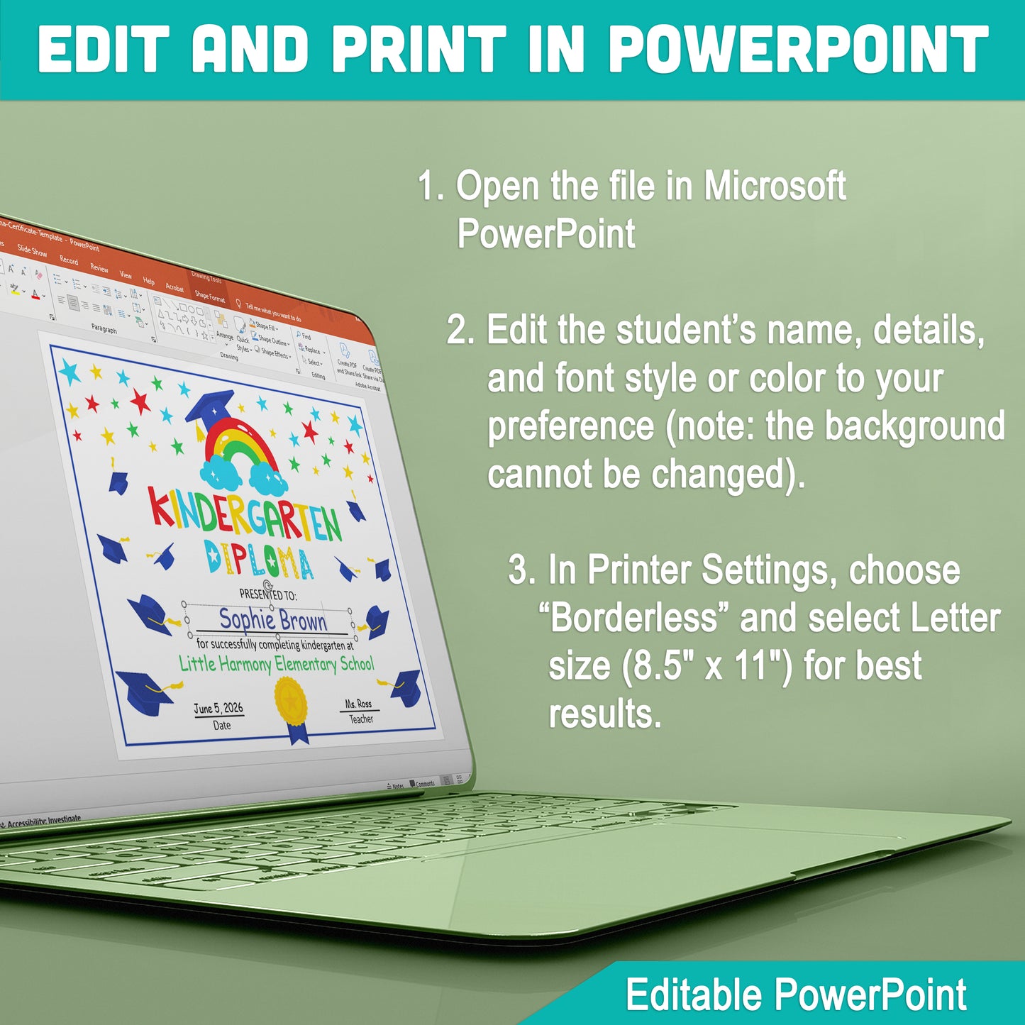 Editable Kindergarten Diploma Template: Customizable Letter Size PDF + PowerPoint, Perfect for Memorable End of Year Ceremonies and Celebrations