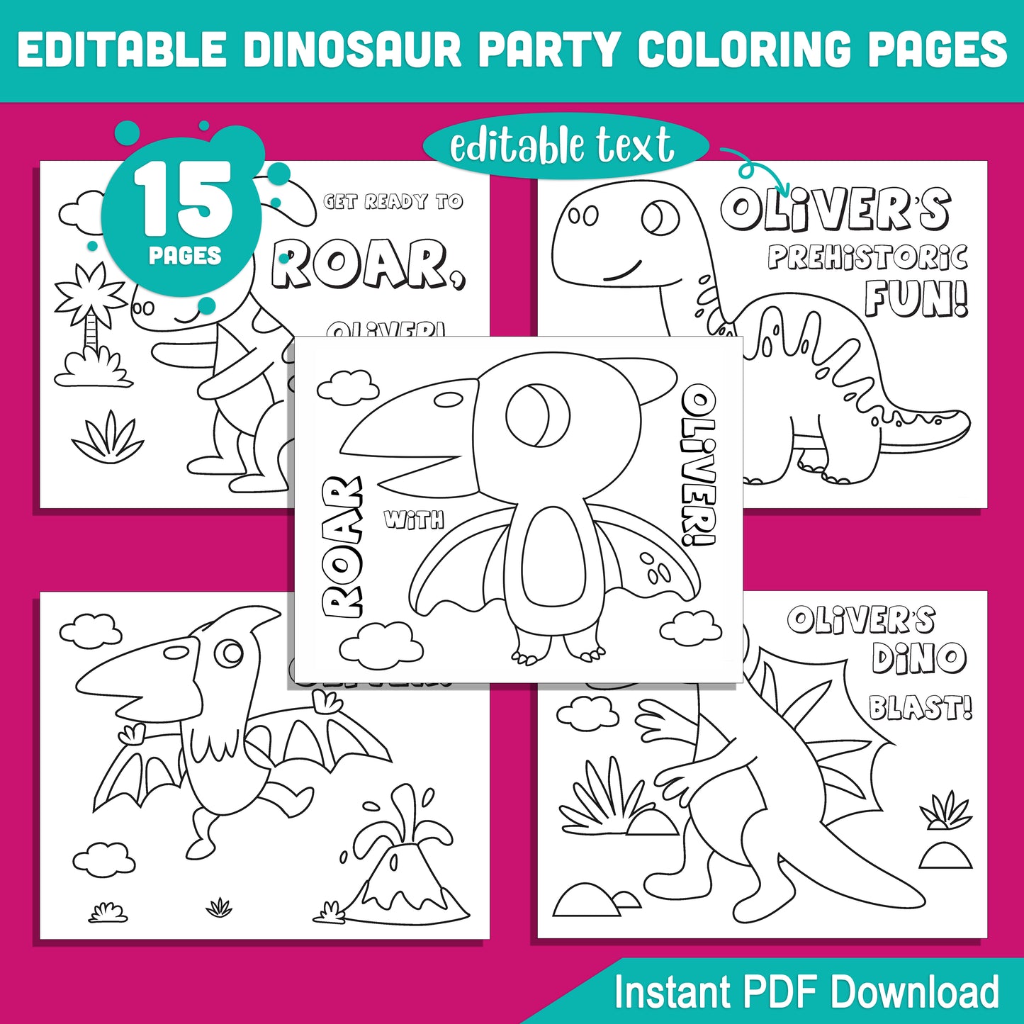 Customizable Dinosaur Birthday Coloring Pages: 15 Fun Party Printables, Perfect for Kids' Birthday Celebrations, Instant Download PDF