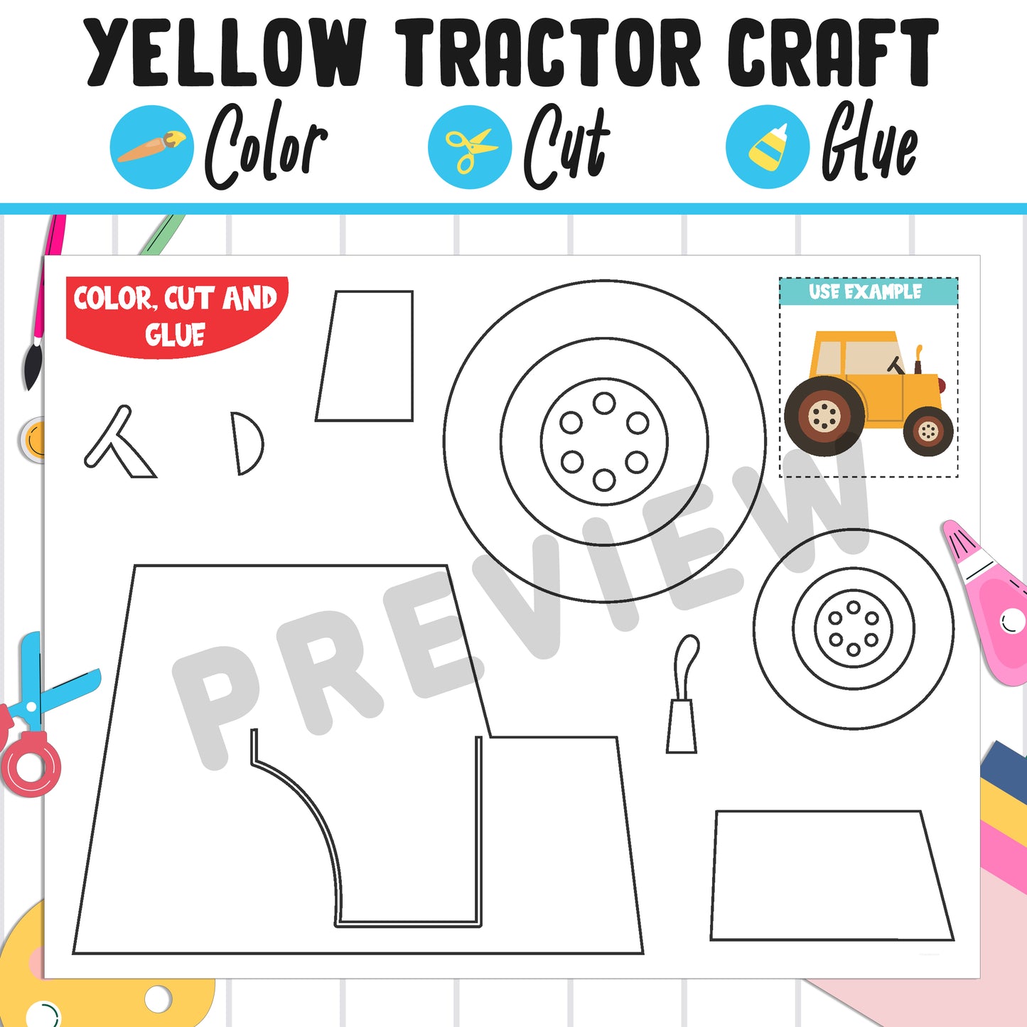 Yellow Tractor Craft Activity: Color, Cut, and Glue, Fun for PreK to 2nd Grade, PDF Instant Download