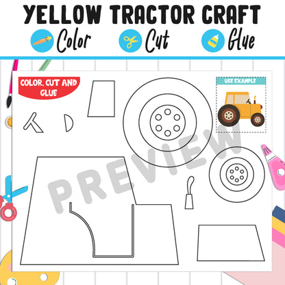 Yellow Tractor Craft Activity: Color, Cut, and Glue, Fun for PreK to 2nd Grade, PDF Instant Download