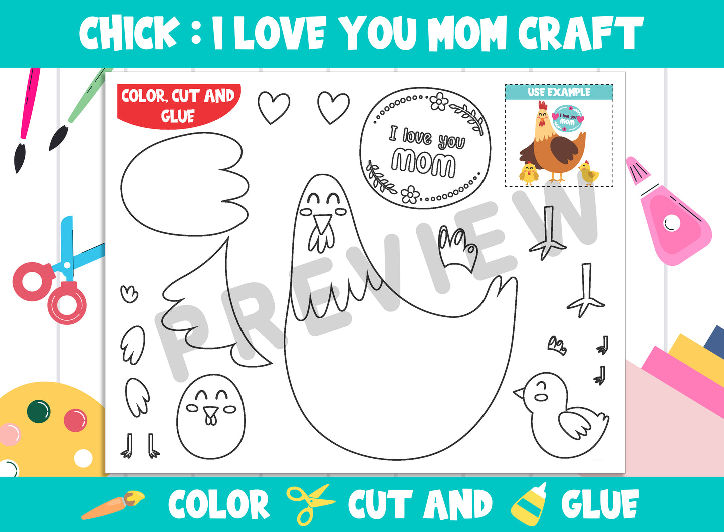 Chick : I Love You Mom, Mother's Day Craft Activity - Color, Cut, and Glue for PreK to 2nd Grade, PDF File, Instant Download