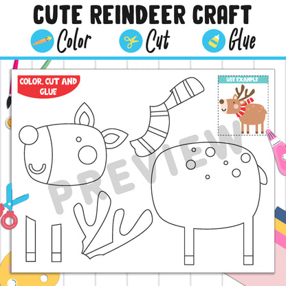 Easy Reindeer Craft: Fun Christmas Activity for Kids, Color, Cut, and Glue, Pre K to 2nd Grade, PDF Instant Download