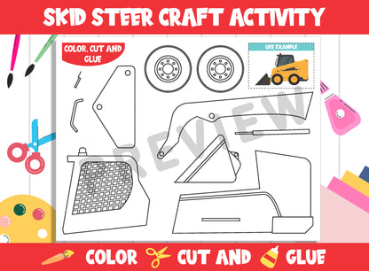 Construction Vehicle Craft Activity - Skid Steer : Color, Cut, and Glue for PreK to 2nd Grade, PDF File, Instant Download