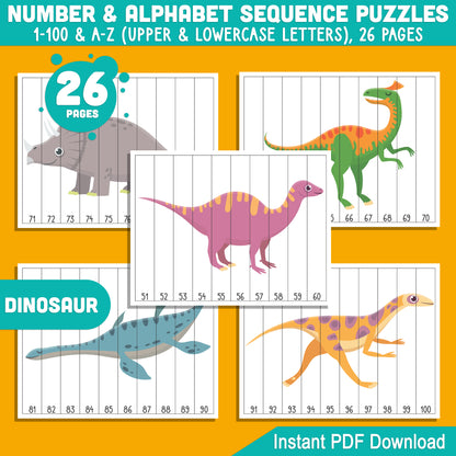 Dinosaur Number and Alphabet Stripe Puzzles: 1-100 Counting and A-Z Sequencing for Toddlers, Preschool, and Kindergarten, Printable PDF for Math Centers