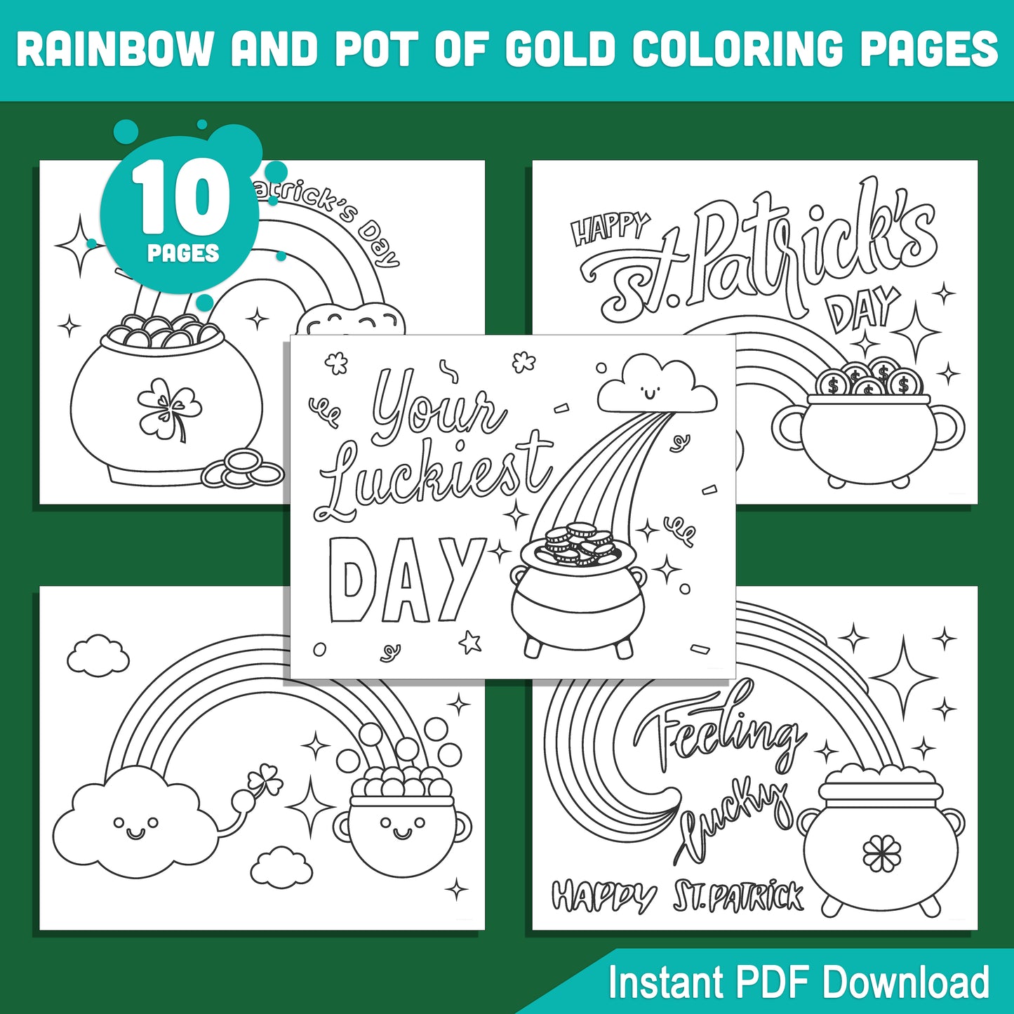 St. Patrick’s Day Coloring Pages: Rainbow, Pot of Gold, Shamrock, and Leprechaun Fun for Kids, Printable Activity, Instant PDF Download