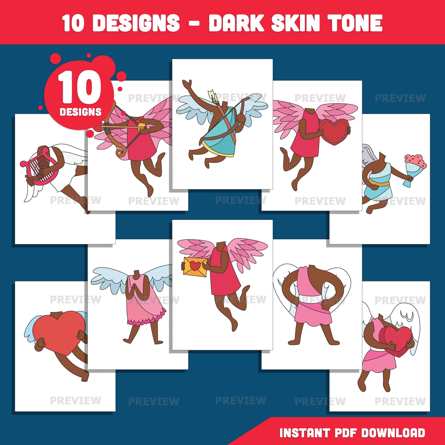 Valentine Cupid Body Templates – Add Your Own Face Crafts, Valentine Activities for Classroom & Home, Coloring Version, High-Res PDF PNG