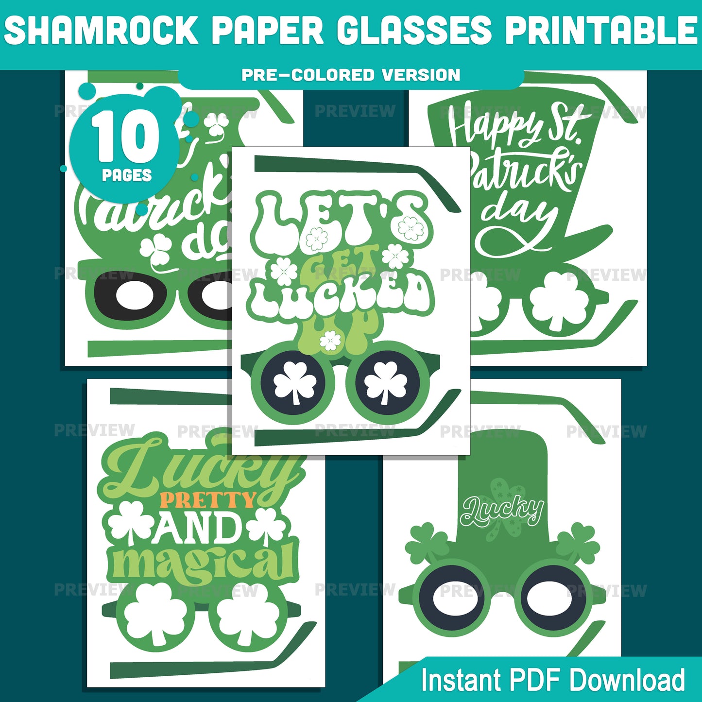Shamrock Paper Glasses Printable, St. Patrick’s Day Glasses Craft Activity for Kids, 10 Designs, Pre-Colored and Black & White PDF