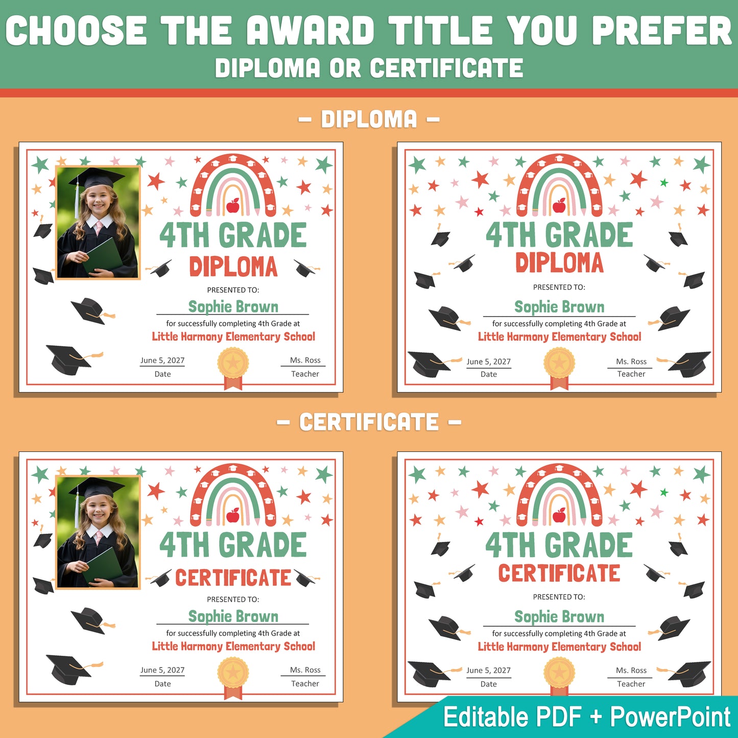 Editable 4th Grade Graduation Diploma & Certificate Set, Retro Rainbow Stars Theme, 8.5x11 Awards, Photo and No-Photo Options, PDF, PowerPoint
