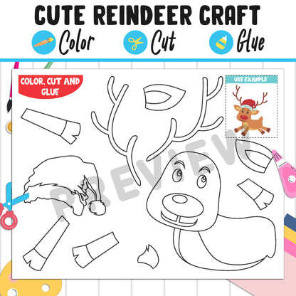 Reindeer Paper Craft: Color, Cut, and Glue, a Fun Activity for Pre K to 2nd Grade, PDF Instant Download