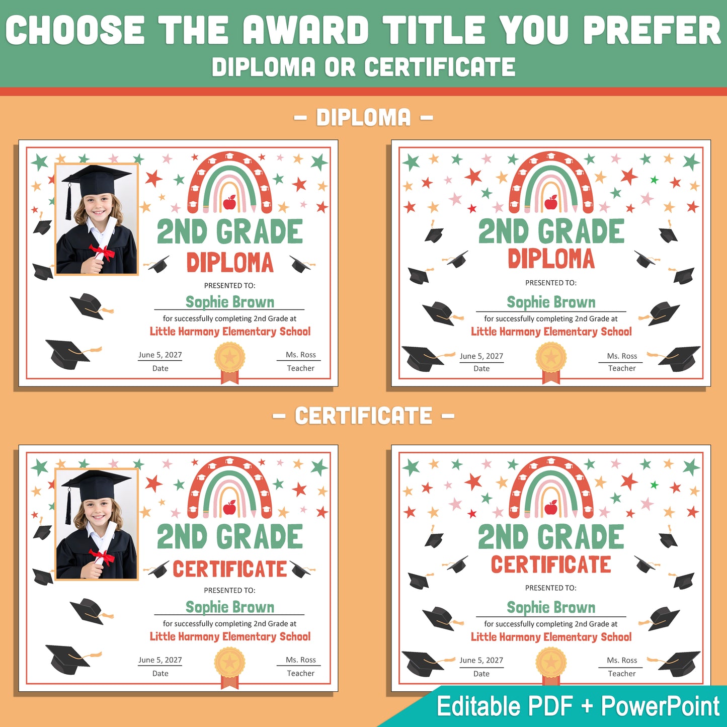 Editable 2nd Grade Graduation Diploma & Certificate Set, Retro Rainbow Stars Theme, Photo and No-Photo Awards, PDF and PowerPoint