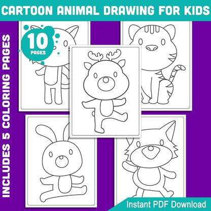 How to Draw Cartoon Animals: 5-Page Step-by-Step Guide Featuring Bunny, Reindeer, Fox, Cat, and Tiger + 5 Fun Coloring Pages for Kids’ Creativity.