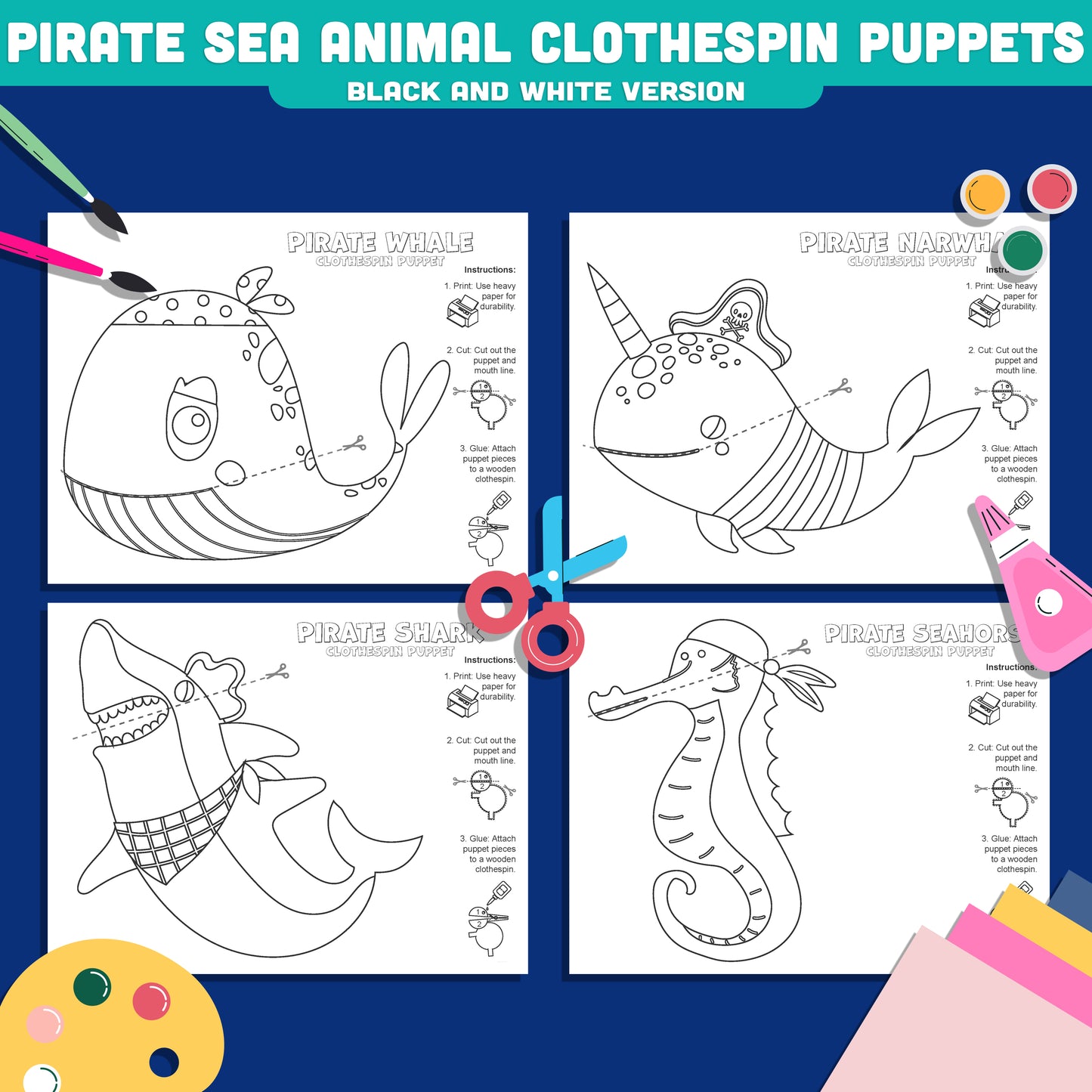 Pirate Sea Animal Clothespin Puppets, Ocean Friends Puppet Craft, Whale Narwhal Shark Seahorse Activity PDF