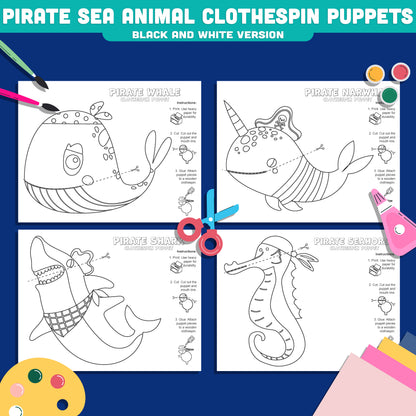 Pirate Sea Animal Clothespin Puppets, Ocean Friends Puppet Craft, Whale Narwhal Shark Seahorse Activity PDF
