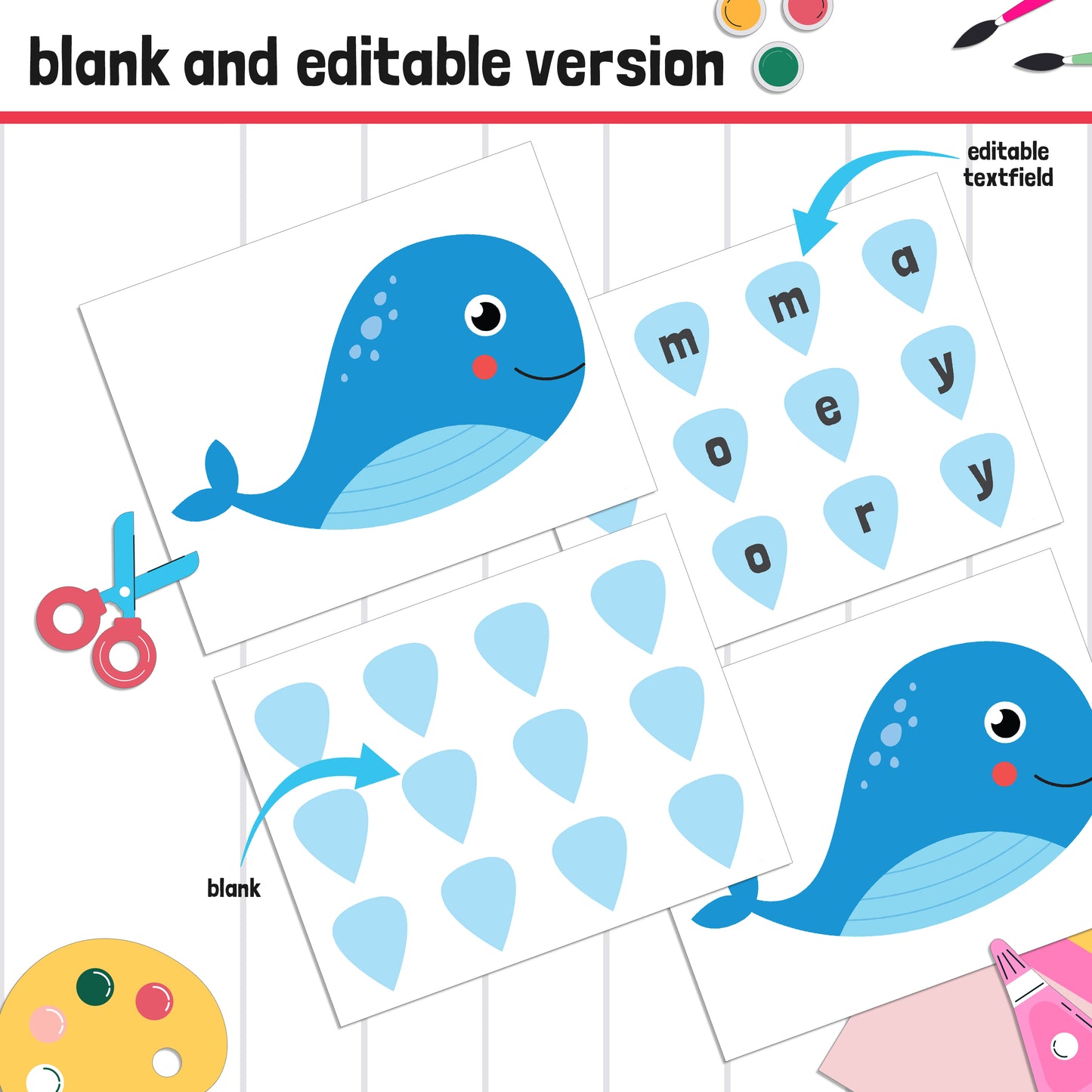 Whale Name Craft Activity: Back to School Bulletin Board, 40 Pages, 5 Designs, Blank & Editable, Color and Black-and-White Versions