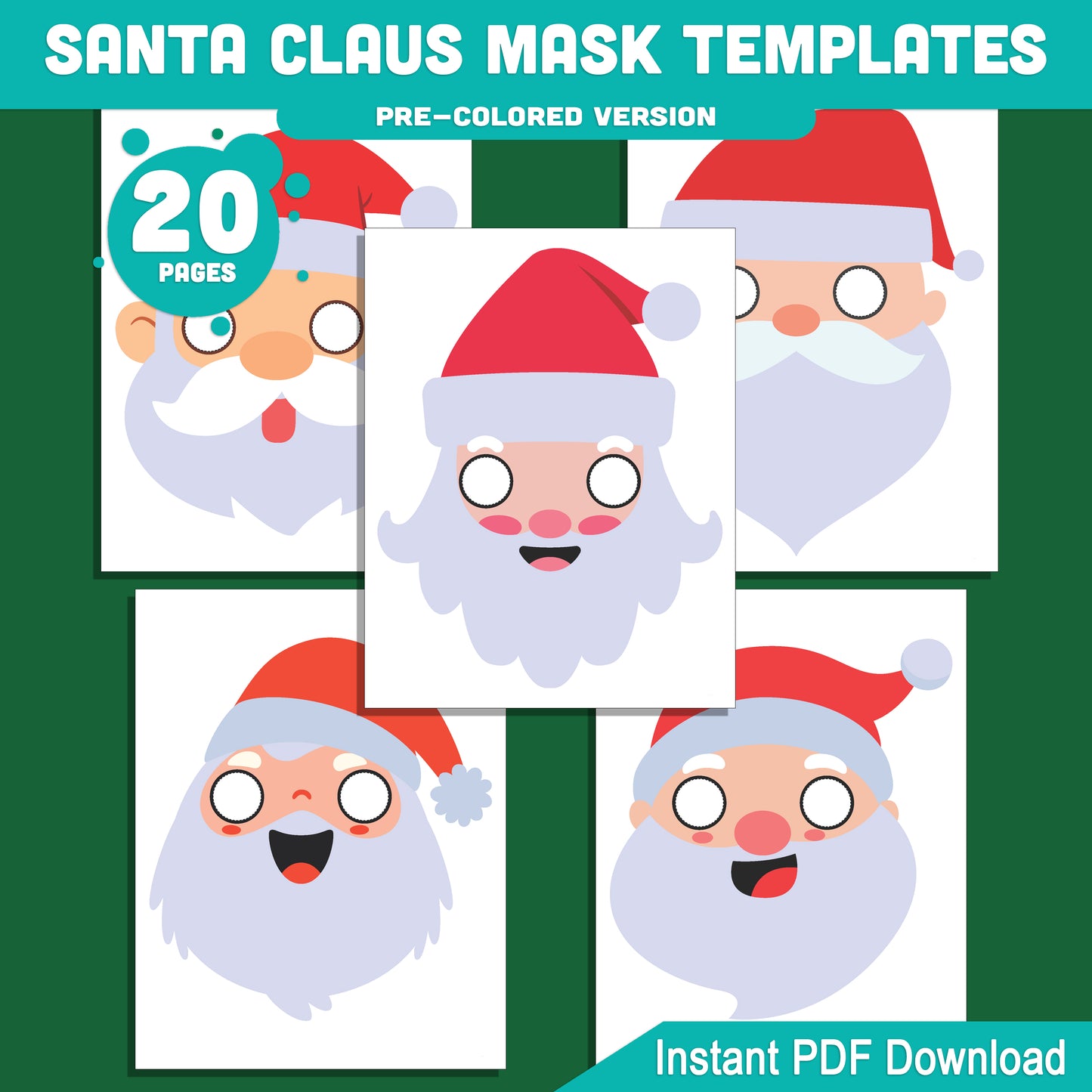 Printable Santa Claus Mask Templates: Fun Christmas Craft for Kids, 10 Designs, 20 Pages (Pre-Colored + Black and White), Perfect for Classroom or Home, PDF