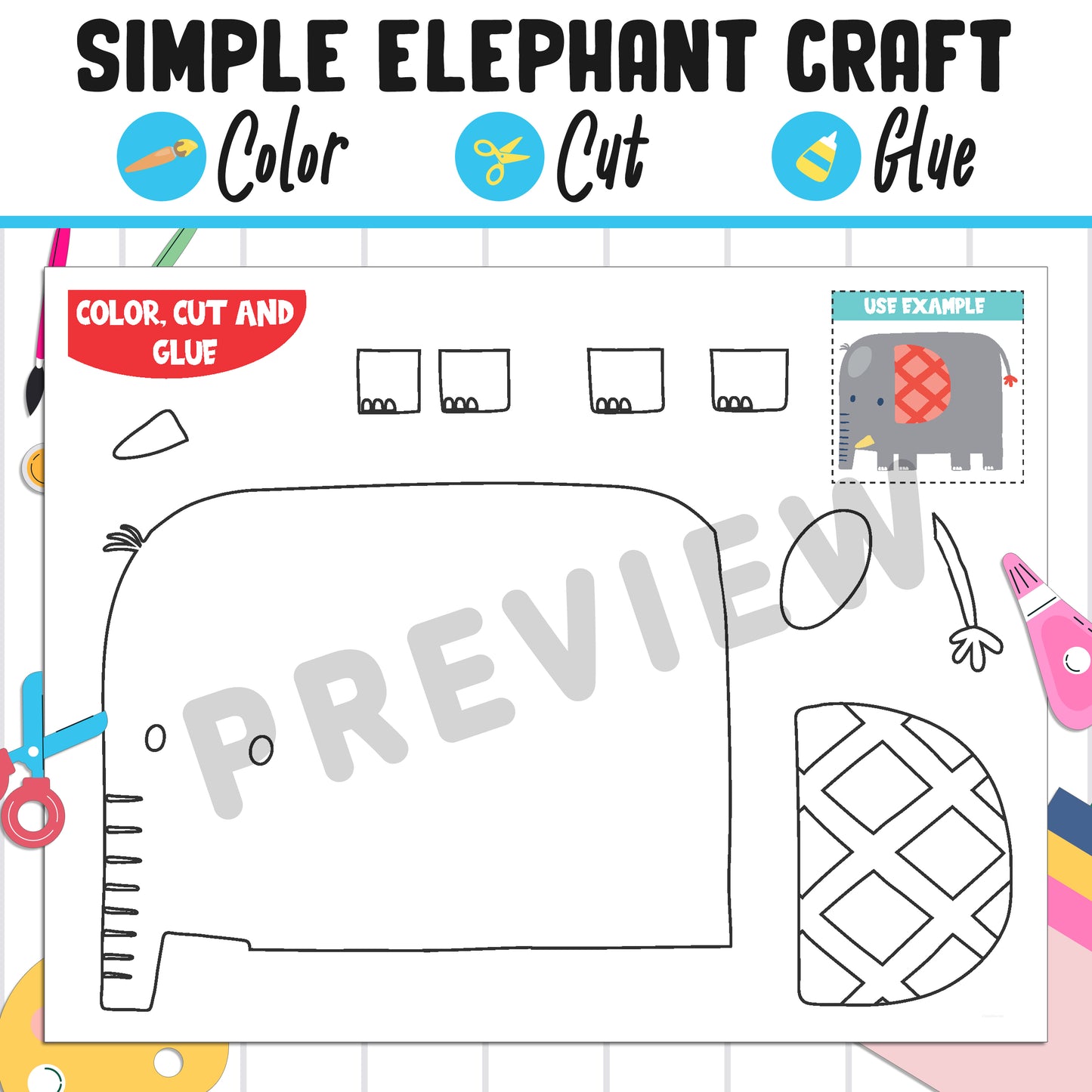 Simple Elephant Craft for Kids : Color, Cut, and Glue, a Fun Activity for Pre K to 2nd Grade, PDF Instant Download